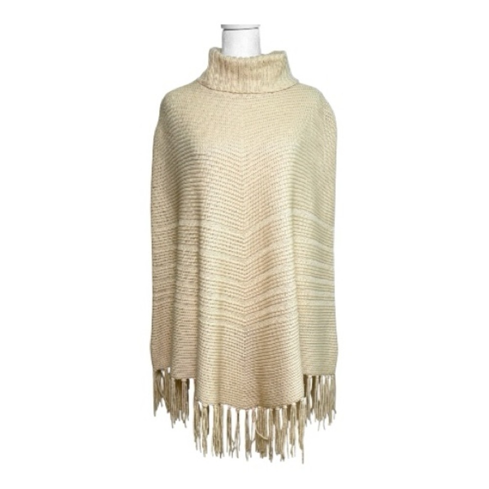 TALBOTS 100% Wool Ivory Cream Turtleneck Poncho with Fringe Made in Japan S/M